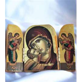 TRIPTICO ICONO DE MADERA DE LA VIRGEN DEL DULCE ABRAZO