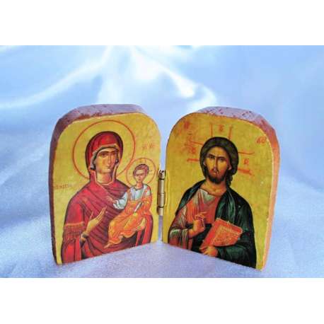 ICONO DIPTICO BIZANTINO DE NUESTRA SEÑORA DE LA PRIMAVERA Y LA BENDICION DE CRISTO