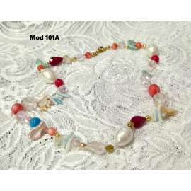 COLLAR-GARGANTILLA DE CUARZO BLANCO, PERLA NATURAL Y MADREPERLA CORAL