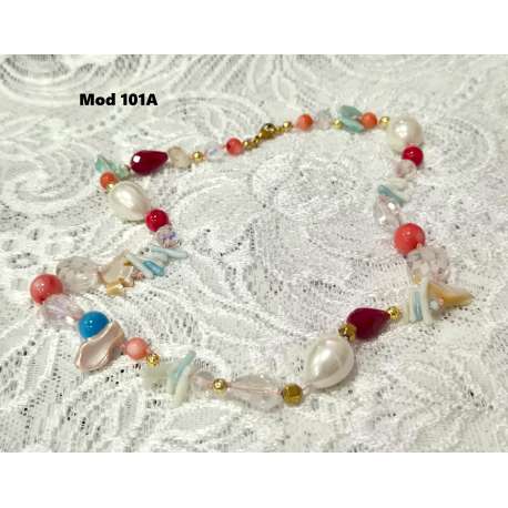 COLLAR-GARGANTILLA DE CUARZO BLANCO, PERLA NATURAL Y MADREPERLA CORAL